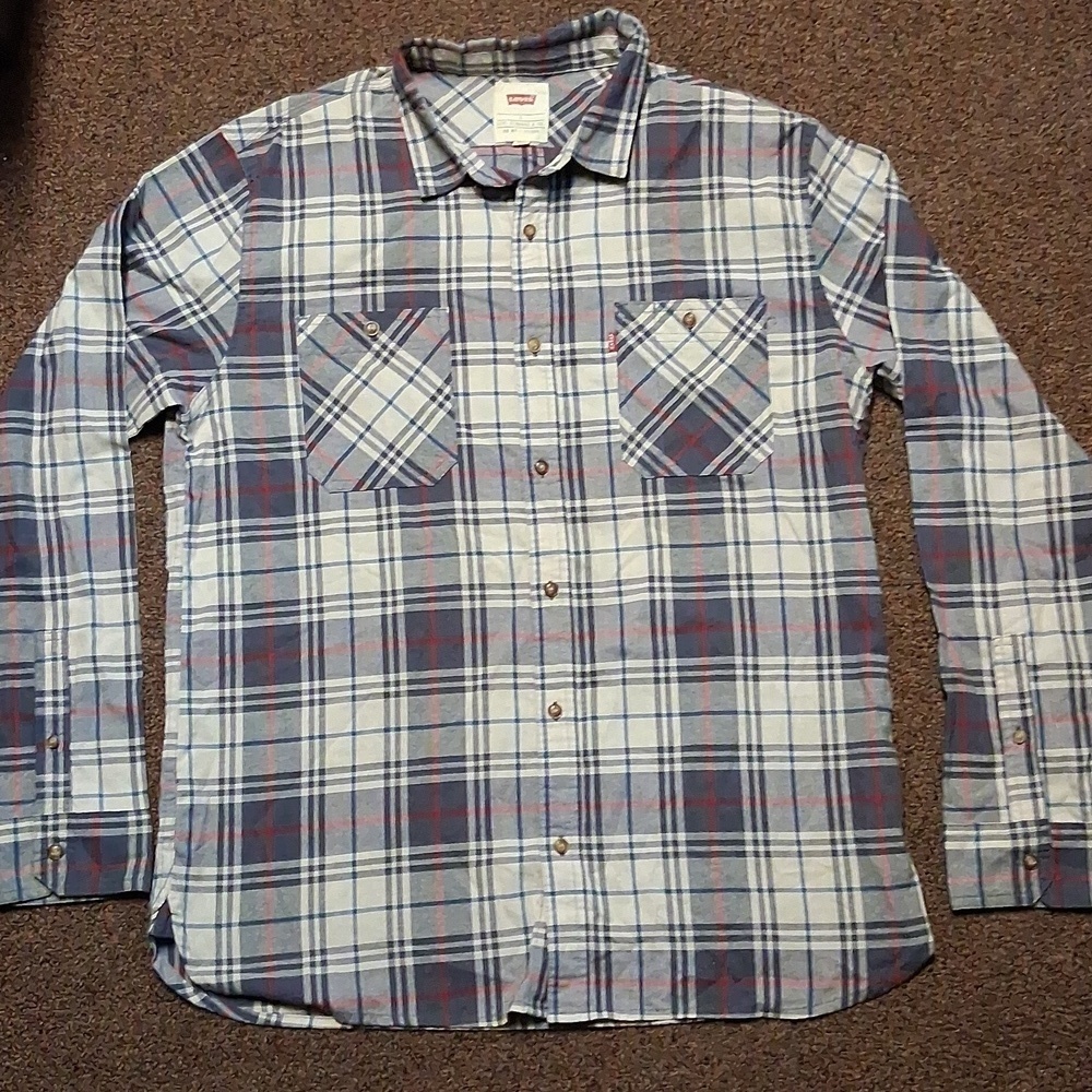 Levi's Casual Plaid Button Down Shirt Red Gray Cream LPreppy Academia Office